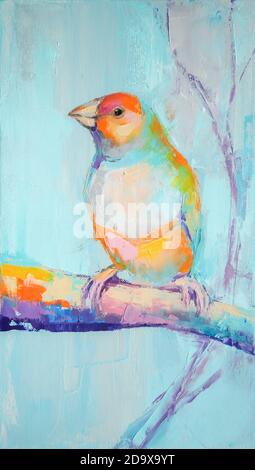 Dipinto a olio in tonalità multicolore. Pittura concettuale astratta di un uccello. Primo piano di un dipinto ad olio e coltello a palette su tela. Foto Stock