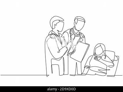 Un disegno della linea singola del medico giovane del maschio che mostra il rapporto positivo di progresso di salute alla paziente della signora anziana che stendendo a letto. Concetto di trattamento medico Illustrazione Vettoriale