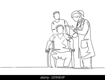 Un disegno continuo a linea singola di una giovane dottoressa che dà una sessione di consultazione al paziente su sedia a rotelle. Cure mediche Illustrazione Vettoriale