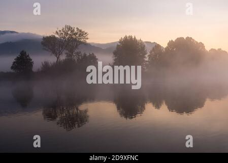 Alberi e nebbia riflessa sul fiume Adda durante un calmo e freddo alba autunnale con fogliame Foto Stock