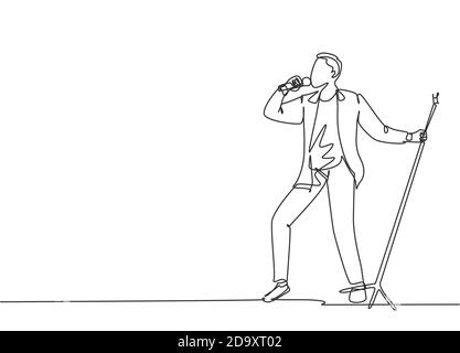 Singolo disegno di linea continuo di giovane cantante pop maschile felice tenendo microfono e cantando sul palco del festival musicale. Musicista artista performance Illustrazione Vettoriale