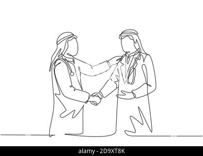 Singolo disegno continuo di linea del giovane uomo d'affari musulmano handshake il suo medico personale. Uomini d'affari arabi del medio Oriente con shmagh, kandura, thawb Illustrazione Vettoriale