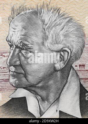 David ben-Gurion ritratto su Israele 50 (vecchio) sheqalim banconota closeup macro. Primo fondatore dello Stato di Israele e primo primo primo ministro di Foto Stock