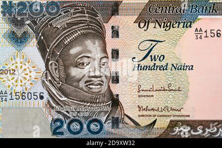 Primo piano della banconota da 200 naira della Nigeria, primo piano della moneta nigeriana. Ritratto di Ahmadu bello. Foto Stock