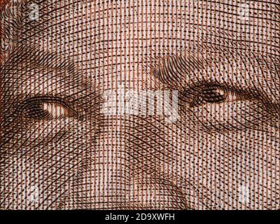 Nelson Mandela faccia su denaro sudafricano 20 rand banconota estrema macro. Leader del popolo africano ed ex presidente del Sudafrica, Premio Nobel Foto Stock