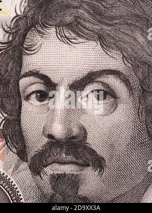 Caravaggio faccia su banconota da 100000 lire italiane primo piano. Uno dei più grandi e innovativi pittori del Rinascimento. Foto Stock