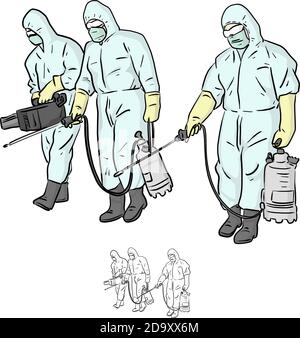 Tre specialisti in tuta protettiva spray disinfettante per la pulizia e la disinfezione del virus, Covid-19, Coronavirus, misure preventive Illustrazione Vettoriale