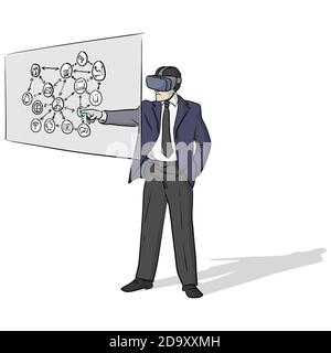 Uomo d'affari che indossa un visore per realtà virtuale o VR o un display montato sulla testa O occhiali HMD e schermo a sfioramento con vettore di icone business illustrazione wi Illustrazione Vettoriale