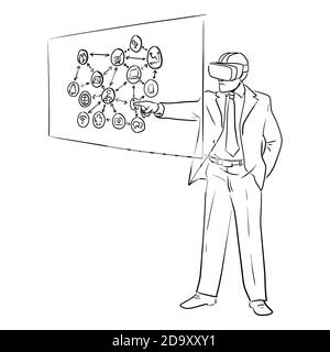 Uomo d'affari con visore VR e schermo a sfioramento con icona aziendale illustrazione vettoriale schizzo doodle mano disegnata con linee nere isolate su bianco Illustrazione Vettoriale
