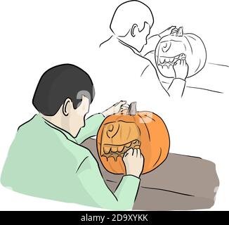 Vista posteriore a mezza lunghezza della zucca da intaglio dell'uomo per Halloween illustrazione vettoriale schizzo doodle mano disegnata con linee nere isolate su sfondo bianco Illustrazione Vettoriale