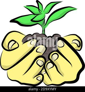 mano tenendo verde pianta vettore illustrazione schizzo doodle mano disegnata con linee nere isolate su sfondo bianco. Concep di conservazione ambientale Illustrazione Vettoriale