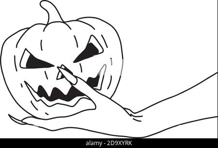 Mano del male con unghie lunghe che tengono Hallowen vettore di zucca illustrazione schizzo doodle mano disegnata con linee nere isolate su sfondo bianco Illustrazione Vettoriale