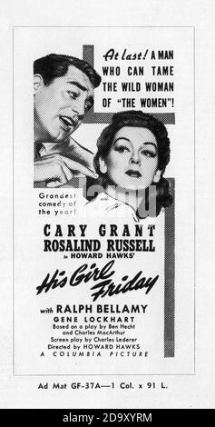 CARY GRANT E ROSALIND RUSSELL NELLA SUA RAGAZZA VENERDÌ 1940 regista HOWARD HAWKS sceneggiatura Charles Lederer dalla commedia di La prima pagina di ben Hecht e Charles MacArthur Columbia Società di immagini Foto Stock