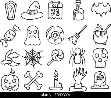 Icona di Halloween Imposta illustrazione vettoriale schizzo doodle mano disegnata con linee nere isolate Illustrazione Vettoriale