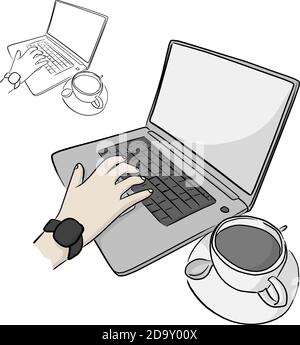 primo piano con la mano destra utilizzando un computer portatile con vettore di caffè illustrazione schizzo doodle mano disegnata con linee nere isolate su sfondo bianco Illustrazione Vettoriale