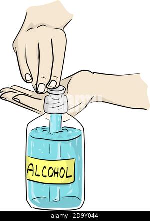 Premere a mano il flacone di gel di alcol per disinfettare COVID-19 illustrazione vettoriale schizzo doodle mano disegnata isolata su sfondo bianco Illustrazione Vettoriale