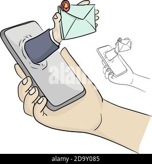 Mano che tiene lo smartphone con notifica e-mail vettore illustrazione schizzo doodle disegnata a mano con linee nere isolate su sfondo bianco Illustrazione Vettoriale
