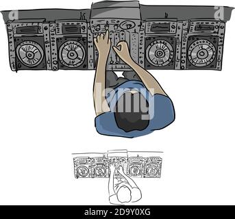 Vista dall'alto hip hop DJ graffi giradischi illustrazione vettoriale schizzo doodle mano disegnata con linee nere isolate su sfondo bianco Illustrazione Vettoriale