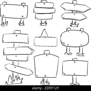 serie di cartelli stradali in legno e frecce dello schizzo dell'illustrazione vettoriale doodle mano disegnata con linee nere isolate su sfondo bianco Illustrazione Vettoriale