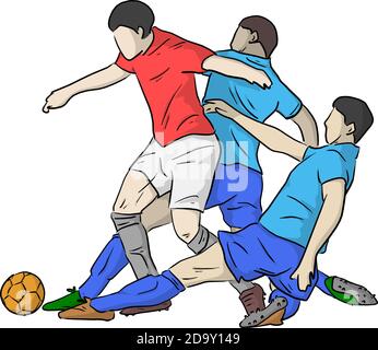 Tre giocatori di calcio che giocano lo sport di calcio vettore illustrazione schizzo doodle disegnata a mano con linee nere isolate su sfondo bianco Illustrazione Vettoriale