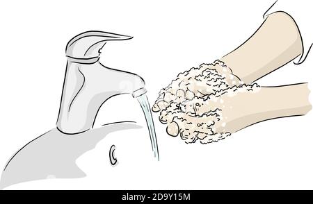 Prevenzione pandemica del coronavirus lavi le mani con il vettore di acqua calda del sapone illustrazione schizzo doodle mano disegnata isolata su sfondo bianco Illustrazione Vettoriale