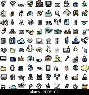 100 tecnologia e business simboli colorati per web design vettoriale illustrazione schizzo doodle mano disegnata con linee nere isolate su sfondo bianco Illustrazione Vettoriale