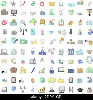 100 tecnologia e business colorato insieme di icone disegno vettoriale doodle mano disegnata con linee nere isolate su sfondo bianco Illustrazione Vettoriale