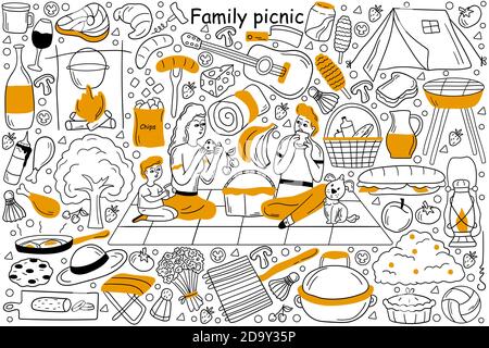 Set di doodle picnic per famiglie Illustrazione Vettoriale