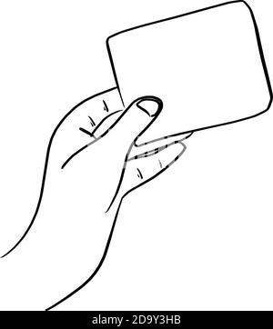 contorno mano che tiene vuota scheda vettore illustrazione schizzo doodle mano tracciato con linee nere isolate su sfondo bianco Illustrazione Vettoriale