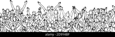 folla di persone che acclamano la loro squadra sportiva preferita allo stadio illustrazione vettoriale schizzo doodle mano disegnata con linee nere isolate su sfondo bianco Illustrazione Vettoriale