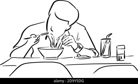 Mano dell'uomo che tiene le bacchette per mangiare il noodle dal vettore della ciotola illustrazione schizzo doodle mano disegnata con linee nere isolate su sfondo bianco Illustrazione Vettoriale