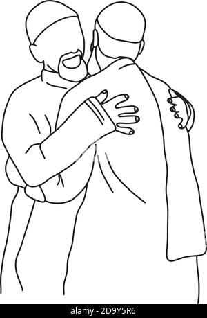 gli uomini musulmani si abbracciano l'un l'altro vettore illustrazione schizzo doodle mano tracciato con linee nere isolate su sfondo bianco Illustrazione Vettoriale