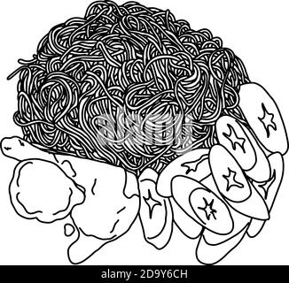 Spaghetti con pollo e verdure vettoriale illustrazione schizzo doodle mano tracciato con linee nere isolate su sfondo bianco Illustrazione Vettoriale