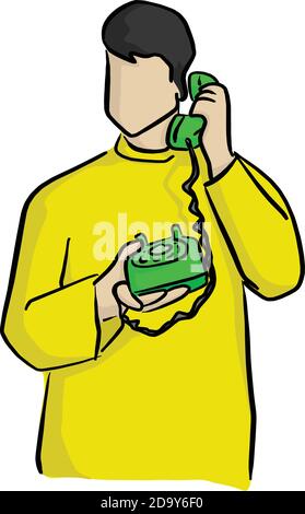 uomo che usa un telefono da tavolo verde con le linee nere isolato su sfondo bianco Illustrazione Vettoriale