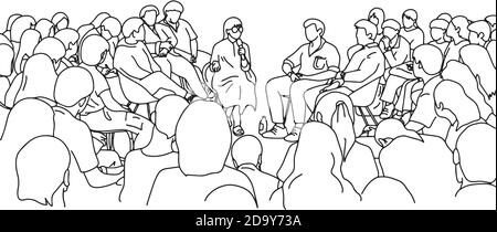 insegnante femminile e studenti nella sala conferenze illustrazione vettoriale schizzo doodle mano disegnata con linee nere isolate su bianco sfondo Illustrazione Vettoriale