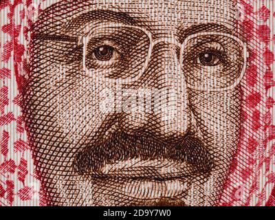 Ritratto di re Saud Bin Abdulaziz su 20 macro di banconote riyals, primo piano di denaro dell'arabia Saudita Foto Stock