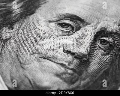 Ben Franklin faccia su di noi 100 dollari fattura macro estrema, Stati uniti soldi closeup Foto Stock