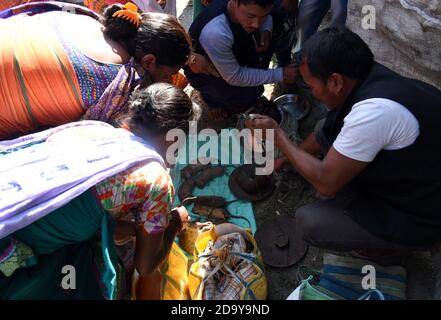 Guwahati, Assam, India. 7 Nov 2020. La gente compra la carne dei ratti in un mercato settimanale fra le pandemie del coronavirus a Kumarikata nel distretto di Baksa di Assam India su domenica 8 novembre 2020 accreditamento: Dasarath Deka/ZUMA Wire/Alamy Live News Foto Stock