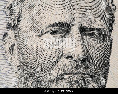 Ulysses Grant noi presidente faccia su cinquanta dollari fattura macro, Stati uniti soldi closeup Foto Stock