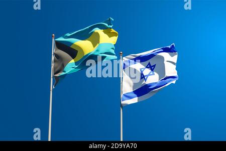 Belle bandiere nazionali di Israele e Bahamas insieme sullo sfondo del cielo. Concetto di grafica 3D. Foto Stock