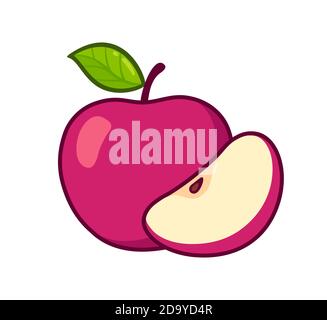 Disegno di mela rosso cartoon. Frutta intera e fetta. Illustrazione della clip art vettoriale isolata. Illustrazione Vettoriale