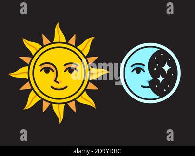 Il sole del cartone animato e la luna crescente con il viso. Disegno a colori vintage. Immagine vettoriale clip art su sfondo nero. Illustrazione Vettoriale