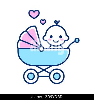 Carino neonato in passeggino. Semplice icona della linea cartoon, illustrazione vettoriale isolata. Illustrazione Vettoriale