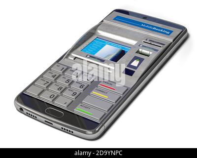 Mobile banking, pagamenti online e servizi finanziari digitali Concept.smartphone con ATM su schermo. illustrazione 3d Foto Stock