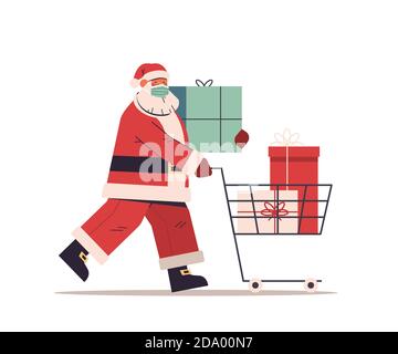 babbo natale in maschera protettiva spingendo carrello carrello pieno di scatole regalo buon anno buon natale festeggiamenti concetto illustrazione vettoriale a lunghezza intera Illustrazione Vettoriale