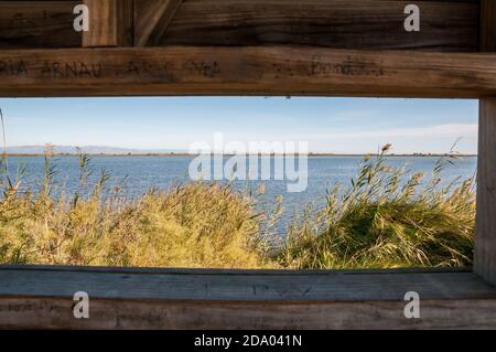 Punto di osservazione in pelle per il birdwatching dall'interno, delta dell'Ebro, Tarragona, Catalogna, Spagna Foto Stock