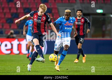 39;Stadio Ara, Bologna, Italia, 08 Nov 2020, Jerdy Schouten (Bologna) combatte per la palla contro Victor Osimhen (Napoli) durante Bologna Calcio vs SSC Napoli, calcio italiano Serie A match - Photo LM/Ettore Griffoni Foto Stock