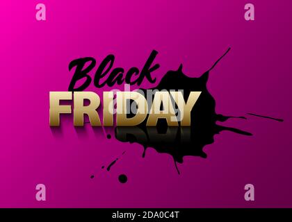 Testo vettoriale Black Friday su sfondo rosa. Testo Golden volume su inchiostro nero. Punto di vernice con riflessione. Banner Web di vendita. Illustrazione Vettoriale