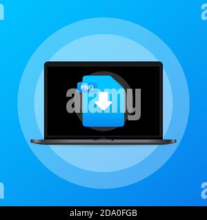 Computer portatile e download PNG file icona. Informazioni sul download dei documenti. Etichetta PNG e freccia giù. Vettore su sfondo isolato. EPS 10 Illustrazione Vettoriale
