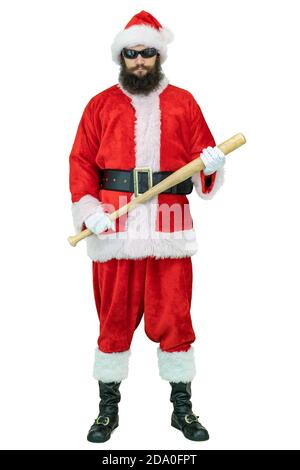 Arrabbiato, aggressivo Babbo Natale tiene mazza da baseball. Babbo Natale tiene la mazza da baseball su sfondo bianco. Natale in arrivo Foto Stock